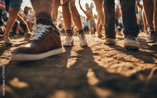 Low angle view of a crowd's feet at a music festival, lively dance steps, and festival vibes