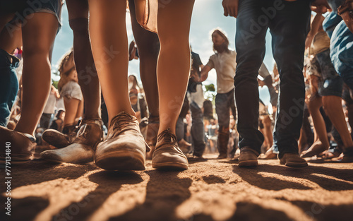 Low angle view of a crowd's feet at a music festival, lively dance steps, and festival vibes