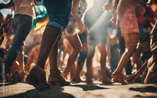 Low angle view of a crowd's feet at a music festival, lively dance steps, and festival vibes photo