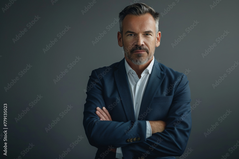 A man in a suit with his arms crossed looks at the camera A man in a suit with his arms crossed looks at the camera