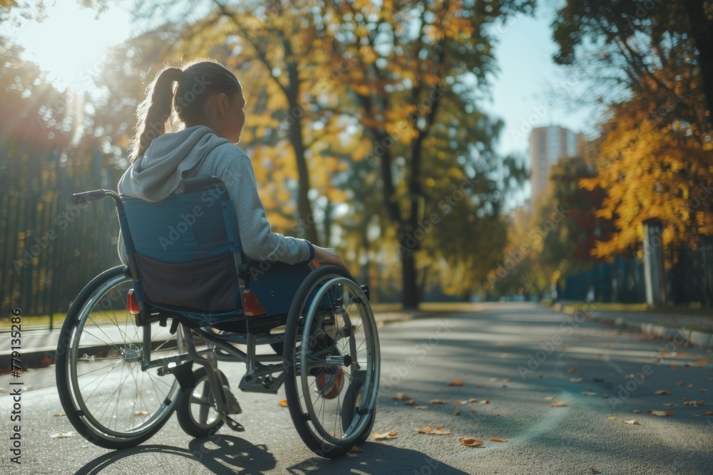 Woman in Wheelchair on City Street Woman in Wheelchair on City Street