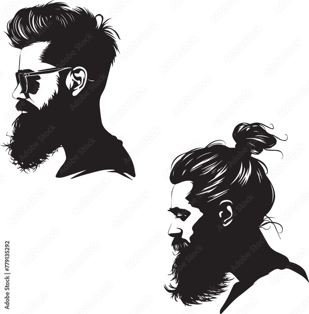 Black silhouette of Hipster hair and beards. Fashion concept on white background