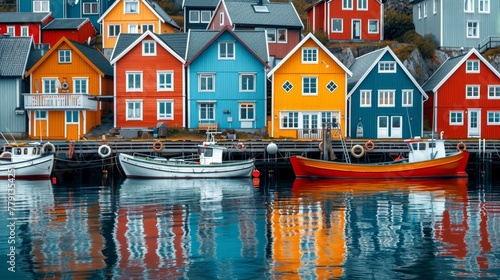 Vivid rainbow houses and fishing boats in crystal clear waters of lofoten islands