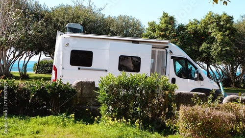 The travel trailer is parked. Vanlife