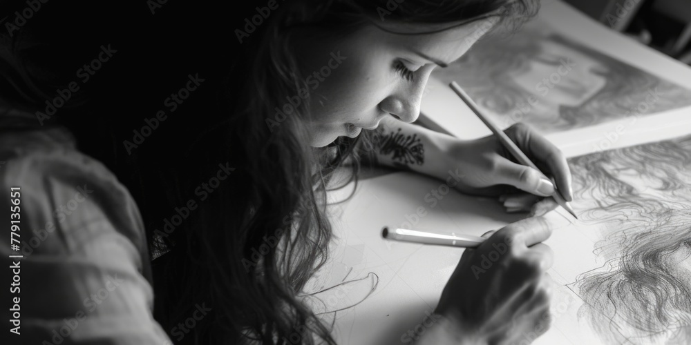Obraz premium Woman sitting at table with pencil, suitable for office or education concept