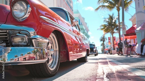Vintage red car parked on side of road, suitable for automotive industry © Fotograf