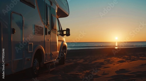RV parked on the beach at sunset. Suitable for travel and vacation concepts.