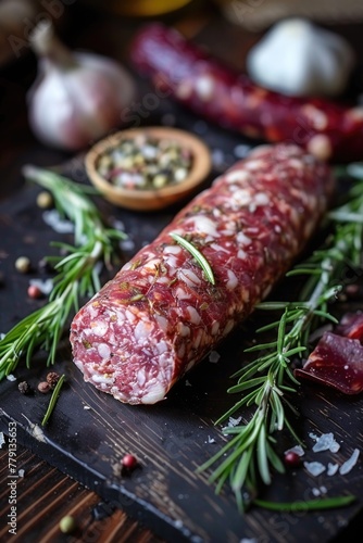 A piece of salami on a cutting board with rosemary sprigs. Perfect for food and cooking concepts