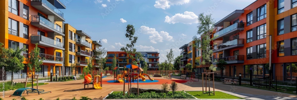 An apartment complex featuring a vibrant childrens play area with swings, slides, and a sandbox where kids are playing and laughing