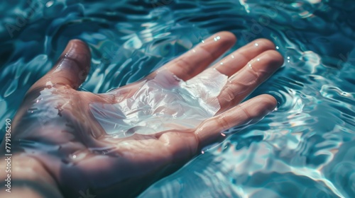 A person holding a plastic bag in the water, suitable for environmental concepts