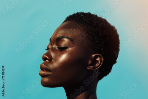 Womans Face Against Blue Background