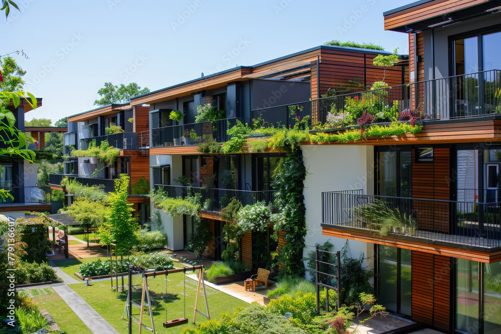 A cluster of buildings adorned with lush green plants cascading from the balconies, creating a harmonious blend of urban architecture and natural beauty