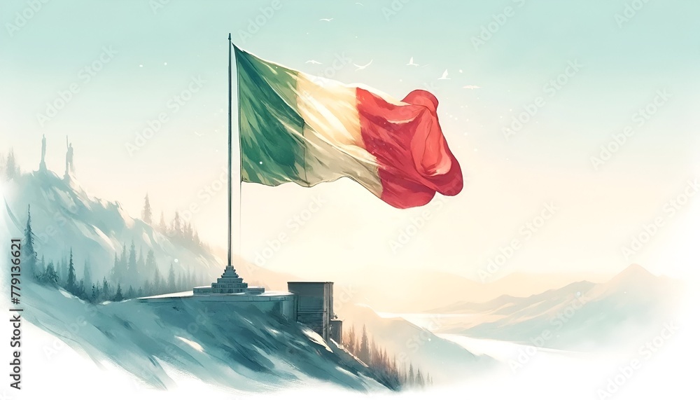 Watercolor style illustration for italy liberation day with large waving flag.