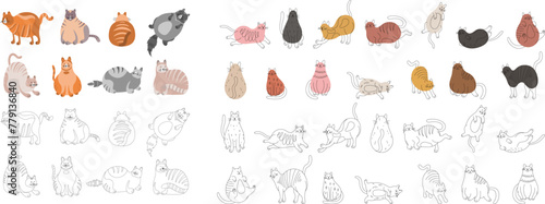 Set of cartoon cats different poses. Hand drawn illustration in doodle style isolate on white collection.