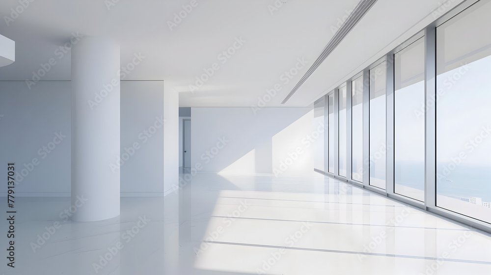 Fototapeta premium Minimalistic Light white room with big window absolutely empty without furniture empty office space with white walls and floor sunshine from the side Long bright corridor in scientific laboratory.