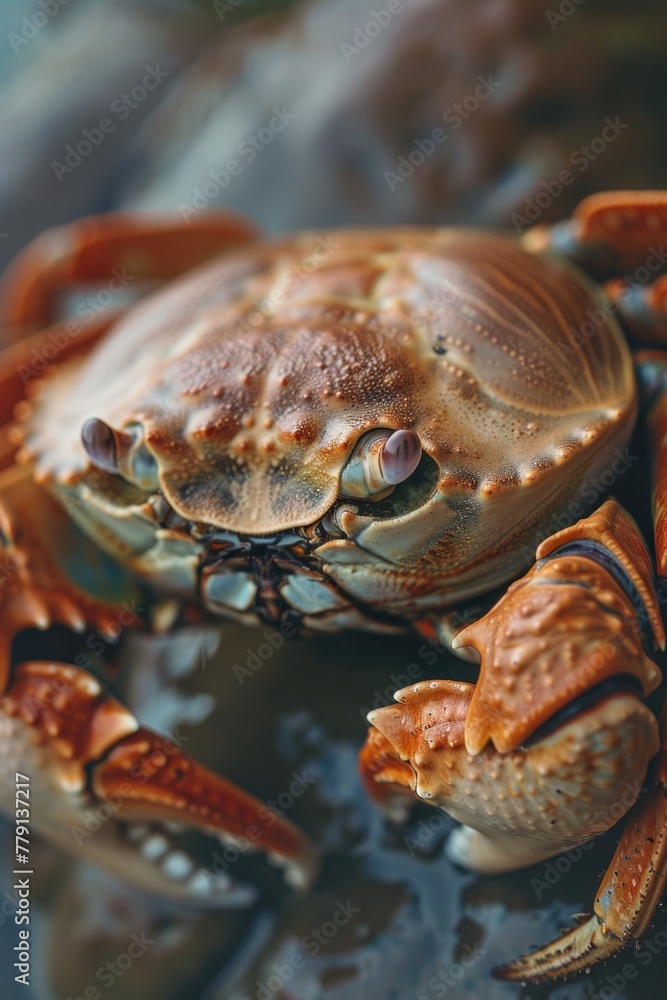 A detailed close-up of a crab on a table. Suitable for seafood restaurant promotions A detailed close-up of a crab on a table. Suitable for seafood restaurant promotions