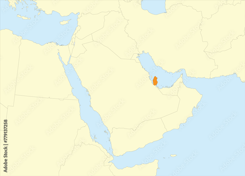 Fototapeta premium Orange detailed blank political map of QATAR with black borders on beige continent background and blue sea surfaces using orthographic projection of the Middle East
