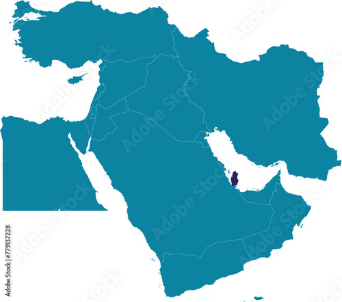 Purple detailed blank political map of QATAR with white borders on transparent background using orthographic projection of the marine blue Middle East