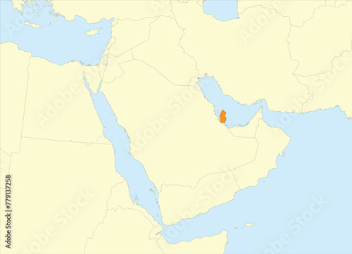 Orange detailed blank political map of QATAR with black borders on beige continent background and blue sea surfaces using orthographic projection of the Middle East