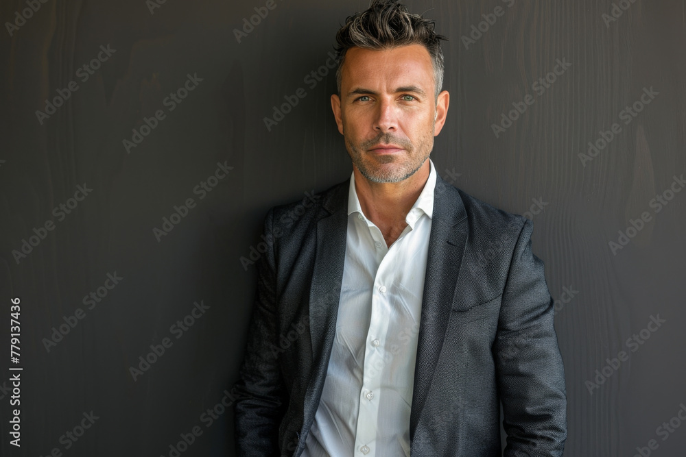 A man in a suit and white shirt is leaning against a wall A man in a suit and white shirt is leaning against a wall