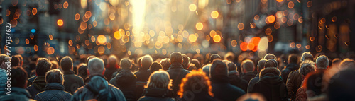 World leaders debating Universal Basic Income, diverse crowd of citizens listening, urban setting, realistic image, overcast weather, depth of field bokeh effect
