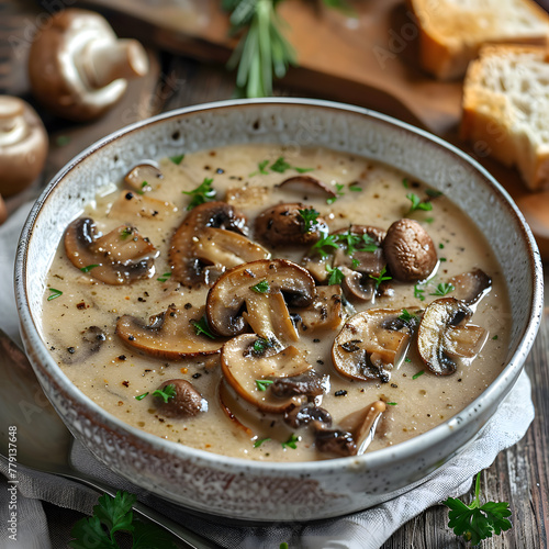 Cooked mushrooms in bowl. Meal with mushrooms and sour cream gravy sauce
