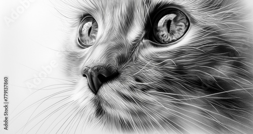 A hyper realistic artistic depiction of a cat meticulously drawn with pencil capturing intricate details