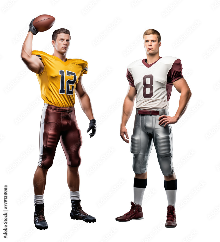 Caucasian American football player standing portrait, isolated transparent background