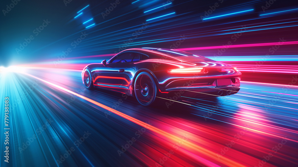 Futuristic concept showcasing a high speed supercar racing on a technologically advanced highway adorned with trail lights Futuristic concept showcasing a high speed supercar racing on a technologically advanced highway adorned with trail lights