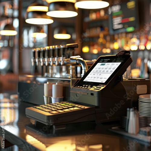 A modern tablet computer resting on a countertop. Suitable for technology and business concepts