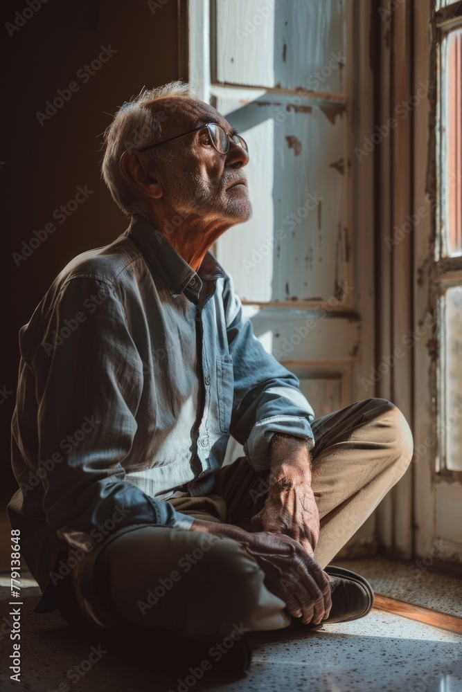 A man sitting on the floor in front of a window. Suitable for various concepts