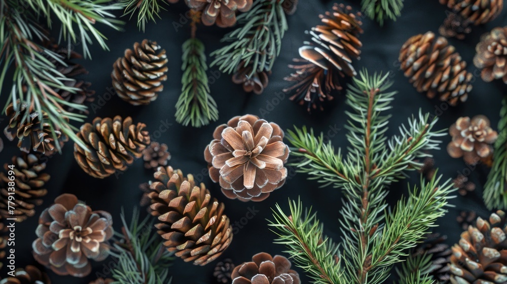 A cluster of pine cones hanging from a tree branch. Suitable for nature and holiday themed projects A cluster of pine cones hanging from a tree branch. Suitable for nature and holiday themed projects