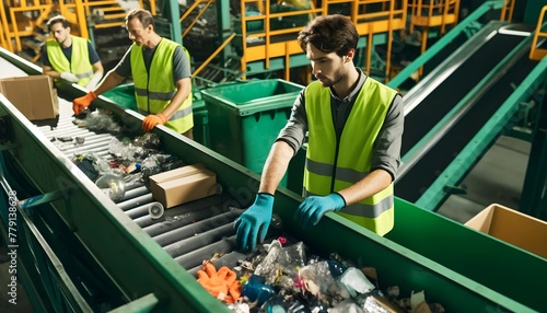 Focused workers sort recyclables on a conveyor belt in a waste management facility.

 photo