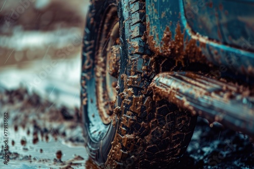 Detailed view of a tire on a muddy road  suitable for automotive industry