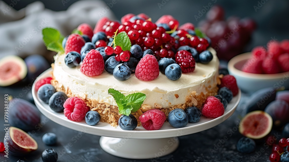 Delicious cheesecake topped with fresh raspberries, blueberries, and red currants, garnished with mint, on a white stand with figs on the side.