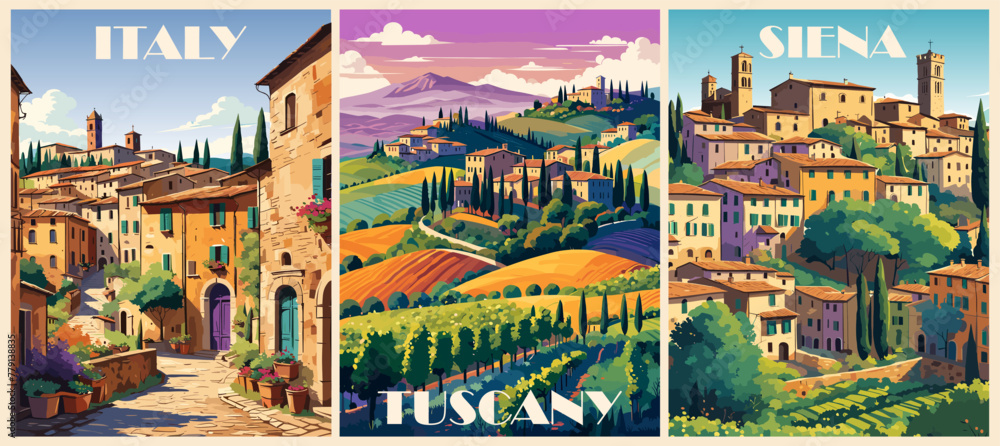 Naklejka premium Set of Italy Travel Destination Posters in retro style. Siena, Tuscany digital prints. European summer vacation, holidays concept. Vintage vector colorful illustrations.