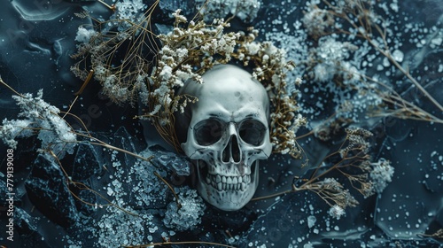 skull with dried flowers.