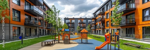 A colorful and vibrant play area for children in an apartment complex  with swings  slides  monkey bars  and a sandbox  all surrounded by lush greenery