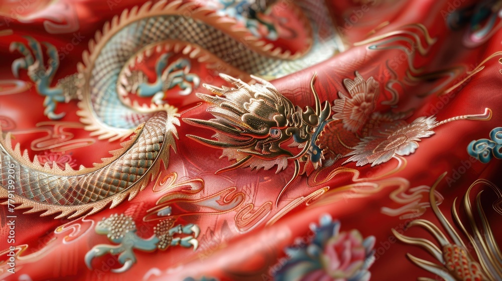 Close up of a dragon on a red cloth, suitable for fantasy themed designs Close up of a dragon on a red cloth, suitable for fantasy themed designs