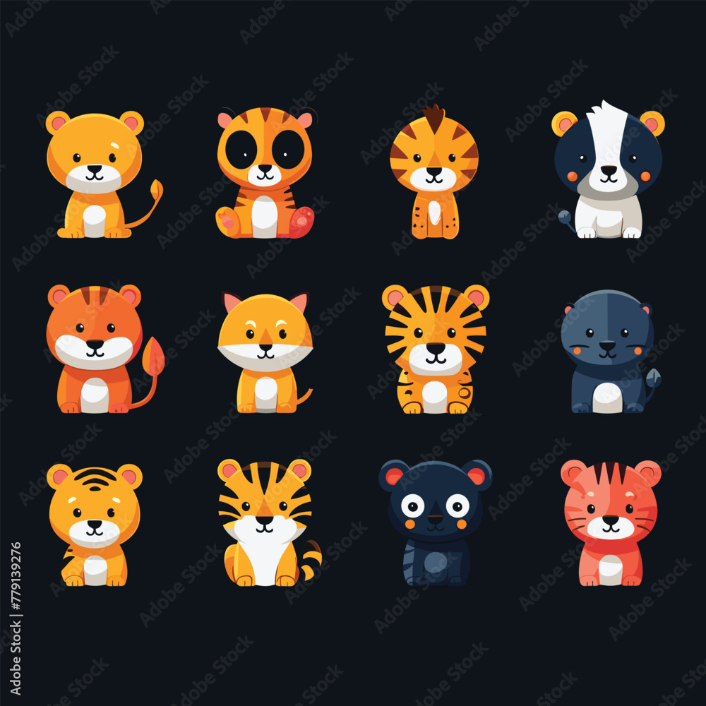 Cute, colorful cartoon animals on dark.
