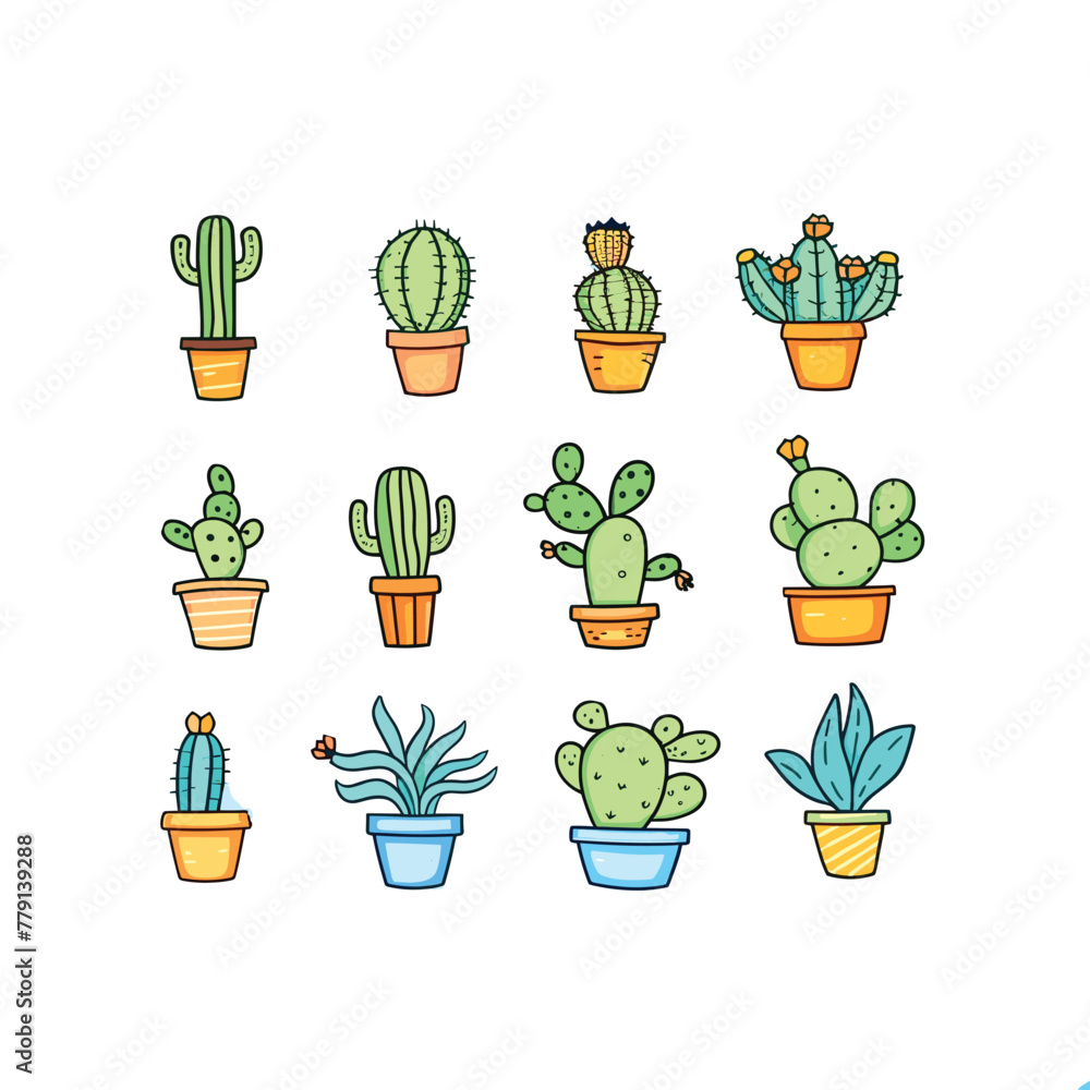 Cartoon cacti in colorful pots, playful art.
Cartoon cacti in colorful pots, playful art.
