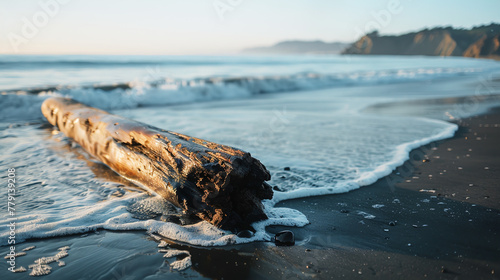 A fallen log on the beach, with water flowing around it and sand visible in the background. The ocean is a calm blue, with waves gently lapping at its edge.