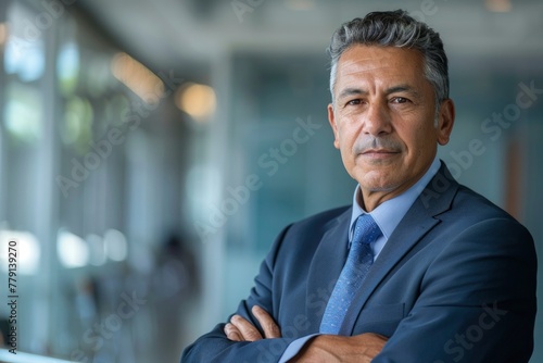A resolute Latino executive in a well-tailored suit stands with his arms crossed in a modern office, his gaze conveying authority and determination.