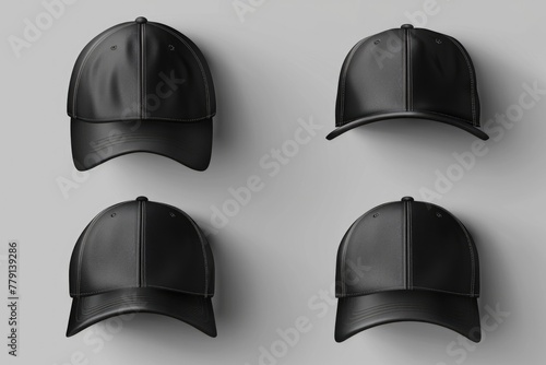 A set of stylish black leather caps on a neutral gray background. Perfect for fashion or accessory themes