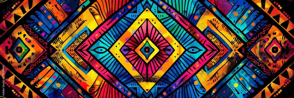 A vibrant, colorful diamond pattern dances across a black background in this striking painting