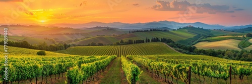The sun is casting a warm, golden light over a vineyard nestled in the hills, highlighting the rows of grapevines and creating a stunning sunset scene