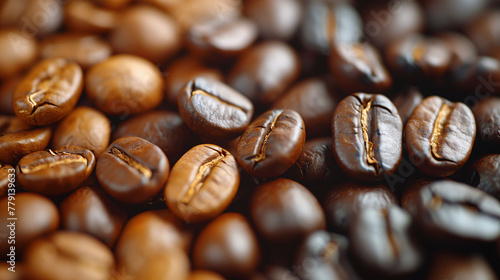 Close-up of roasted coffee beans with selective focus  highlighting the textures and rich brown colors  ideal for backgrounds or coffee-related concepts.