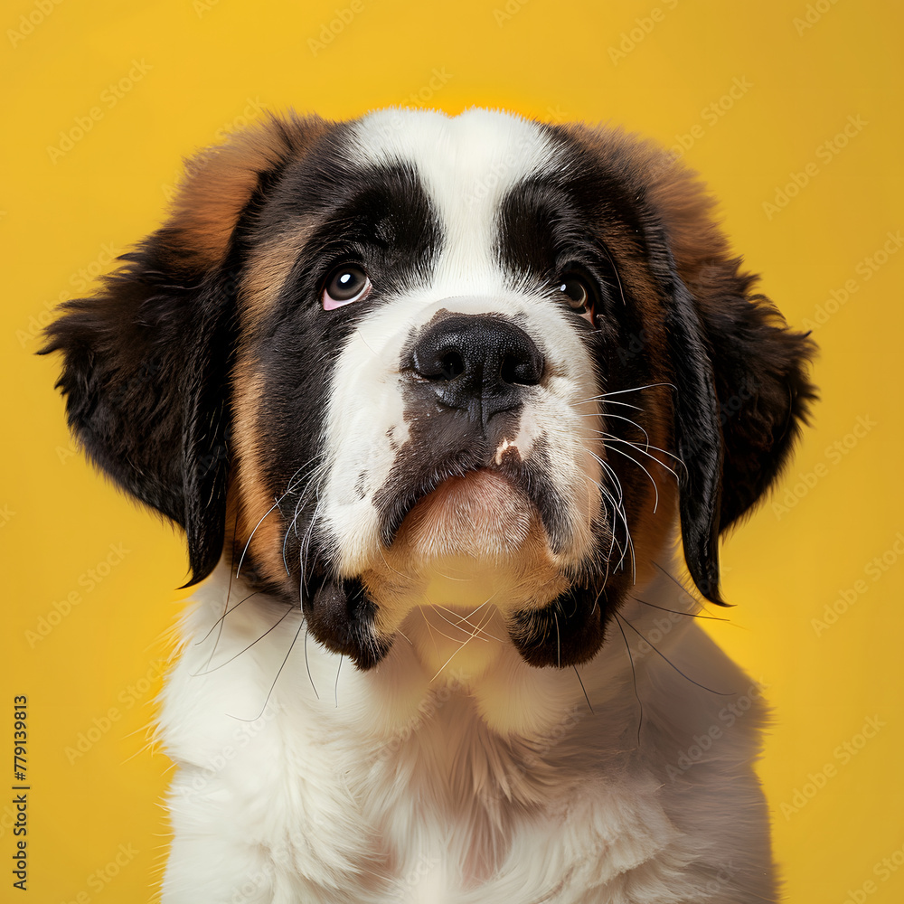 Saint Bernard puppy dog portrait looking at the camera, on a yellow background