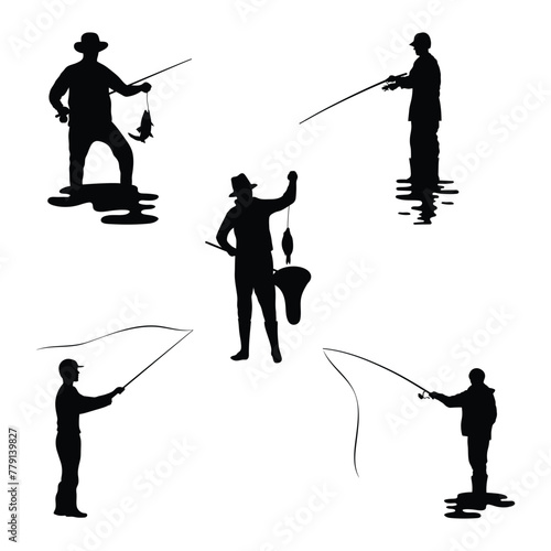 Set of fisherman with fishing rod symbol vector illustration