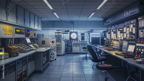 A bustling telecommunications equipment research and development center with scientists' workstations and advanced testing equipment